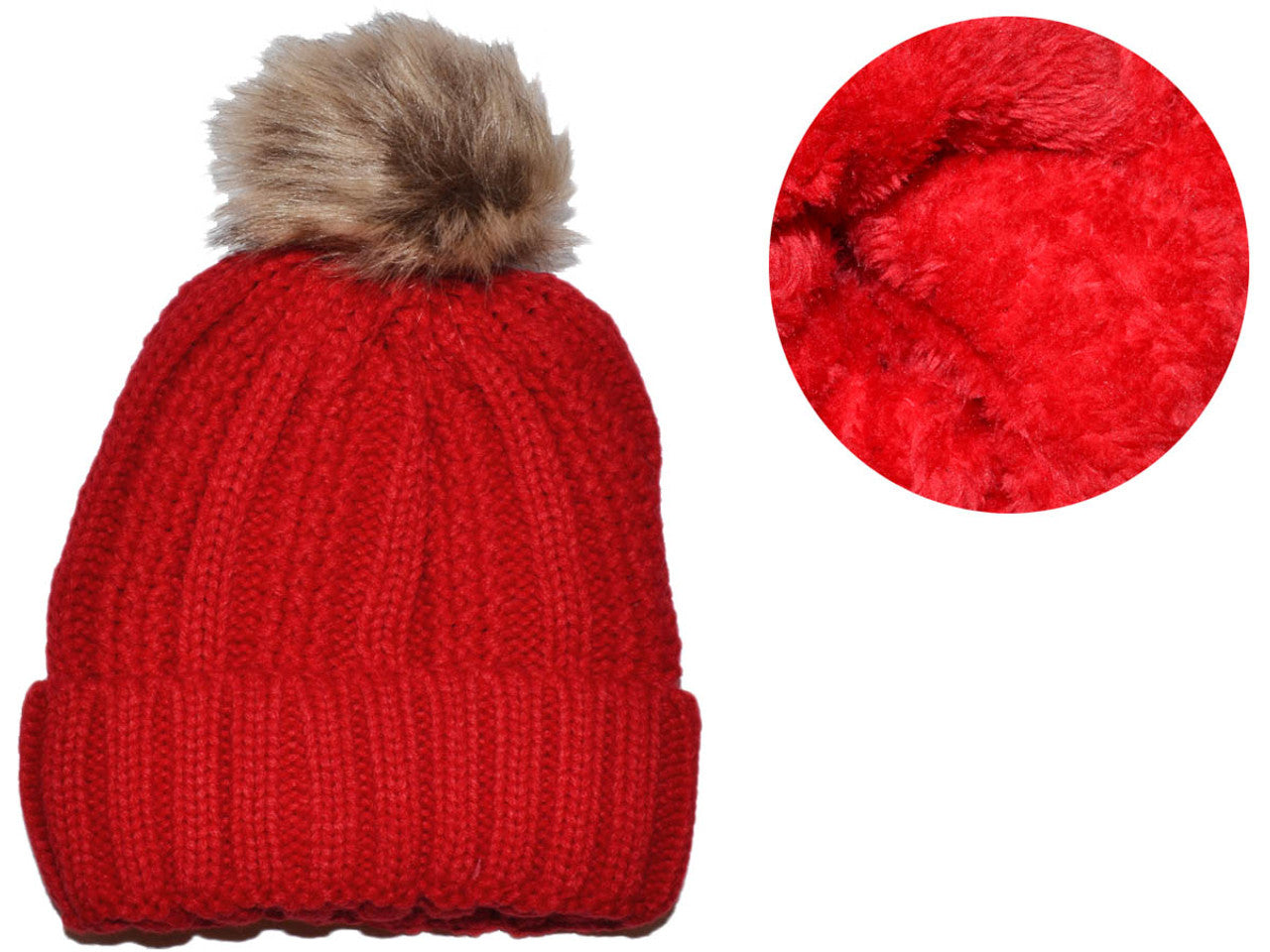 Warm Lined Winter Beanie with Removable Raccoon Fur Pom-Pom