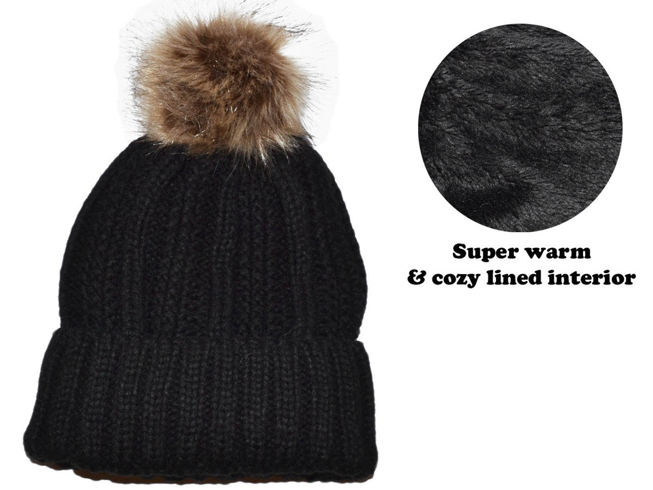 Warm Lined Winter Beanie with Removable Raccoon Fur Pom-Pom